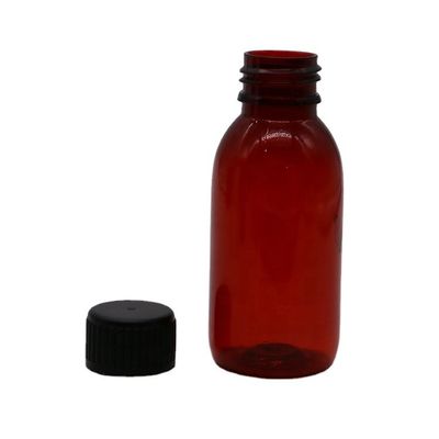 100 ml de medicamento líquido oral de grado médico en botella de plástico con copa medidora incluida