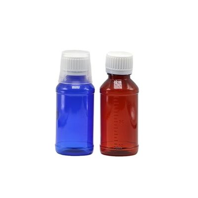 Botella de jarabe para la tos PET de 100 cc ámbar/naranja/azul con tapa de seguridad y sello térmico