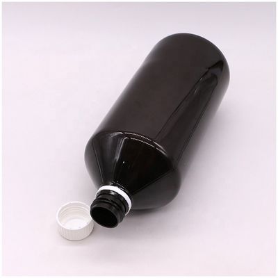 Botella de medicamento líquido PET translúcido marrón oscuro de 1000 ml con tapa a prueba de alteraciones de 28 mm