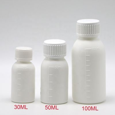 Botella de medicamento líquido de 30 mL/50 mL/100 mL PP con cuerpo escalado e impresión en pantalla