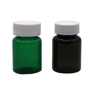 Botellas de pastillas de plástico PET de 50cc de 32 mm de cuello Vial de cápsulas con material base PET de tapa resistente a los niños
