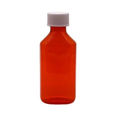 Botella de líquido oral para jarabe para tos de ámbar/naranja PET de 100 cc con tapa CRC y sello térmico