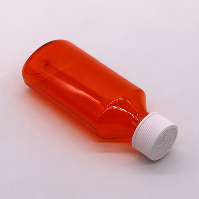 Botella de líquido oral para jarabe para tos de ámbar/naranja PET de 100 cc con tapa CRC y sello térmico