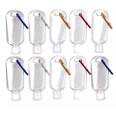 Contenedor de lavado de manos PET de 50 mL transparente, portátil, recargable, vacío para viajes, botella de compresión con gancho