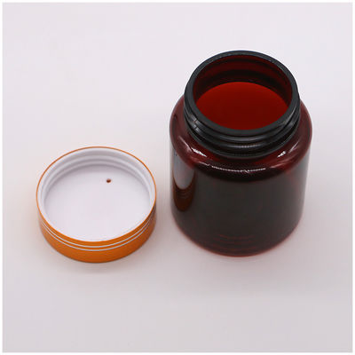 Botella de plástico de forma redonda de 100 cc de color ámbar/marrón con tapa de aluminio para cápsulas/píldoras