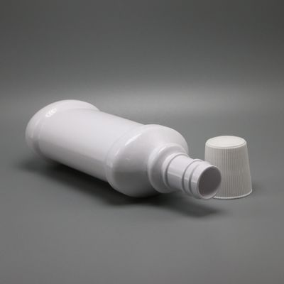 Botella de enjuague bucal de plástico PET de cuello largo de color blanco con capacidad de 250 ml e impresión en pantalla