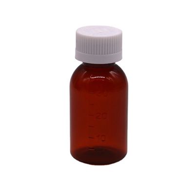 Botella de líquido de jarabe de plástico de color ámbar PET de 30 ml con tapa de tornillo a prueba de alteraciones