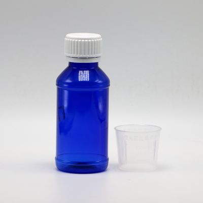 Botella de jarabe para la tos PET de 100 cc ámbar/naranja/azul con tapa de seguridad y sello térmico