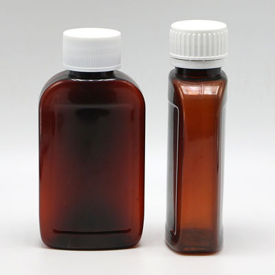 Botella de jarabe para la tos PET de 100 cc ámbar/naranja con tapa CRC y sello térmico muestras libres