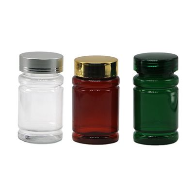 Botella de 80 ml de píldoras PET con color personalizado y tapas de revestimiento dorado plateado
