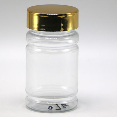 Botella de 80 ml de píldoras PET con color personalizado y tapas de revestimiento dorado plateado
