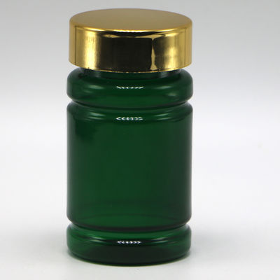 Botella de 80 ml de píldoras PET con color personalizado y tapas de revestimiento dorado plateado