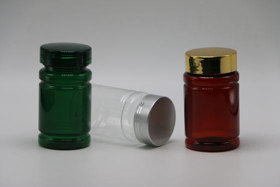 Botella de 80 ml de píldoras PET con color personalizado y tapas de revestimiento dorado plateado