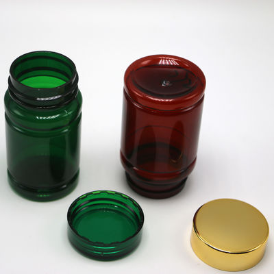 Botella de 80 ml de píldoras PET con color personalizado y tapas de revestimiento dorado plateado