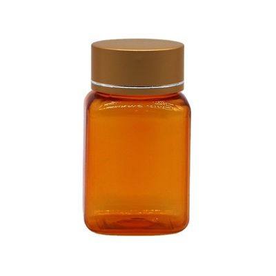 Botella de píldoras de 90 ml / 3 oz PET cuadrada amarilla / naranja con tapa de oro rosa y sello térmico