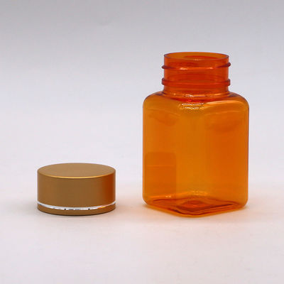 Botella de píldoras de 90 ml / 3 oz PET cuadrada amarilla / naranja con tapa de oro rosa y sello térmico
