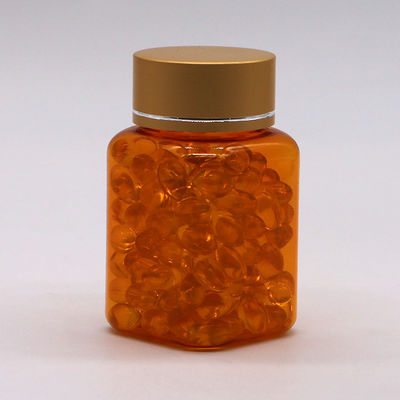 Botella de píldoras de 90 ml / 3 oz PET cuadrada amarilla / naranja con tapa de oro rosa y sello térmico