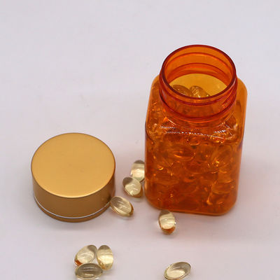 Botella de píldoras de 90 ml / 3 oz PET cuadrada amarilla / naranja con tapa de oro rosa y sello térmico