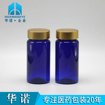 100 ml de PET de color personalizado Estéril Medicamento recargable Botella de plástico para píldoras Cápsula de tableta con tapa de revestimiento dorado